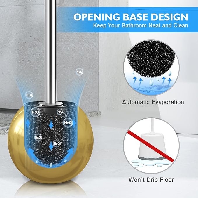 Toilet Brush and Holder 2 Pack, 304 Stainless Steel Toilet Brush with Extended and Durable Comfortable Brush Handle, Toilet Bowl Brush for Bathroom Toilet - Ergonomic, Pratical Durable (Gold)