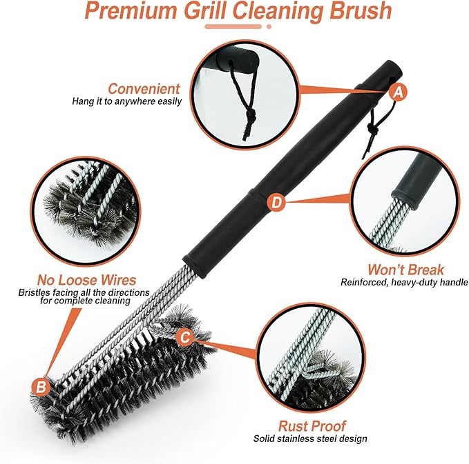 BBQ Grill Cleaning Brush, Stainless Steel Barbecue Brush with 18in Handle Wire Bristles Brush for Grill Cooking Grates