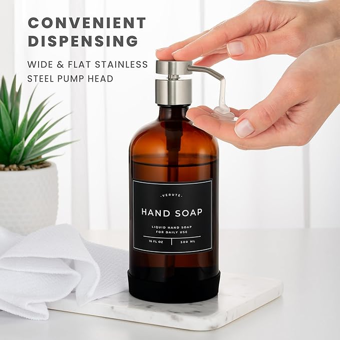 16oz Glass Soap Dispenser with Stainless Steel Pump, 21 Waterproof Labels, Non-Slip Protective Silicone Pad, Set of 2 for Bathroom & Kitchen (Amber Bottle/Brushed Silver Pump)