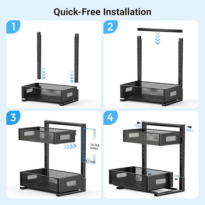 Under Sink Organizer, 2-Tier Metal Under Sink Organizers and Storage, Slide Out Pull Out Cabinet Organizer for Kitchen, Bathroom, Pantry, Laundry, Study, Black