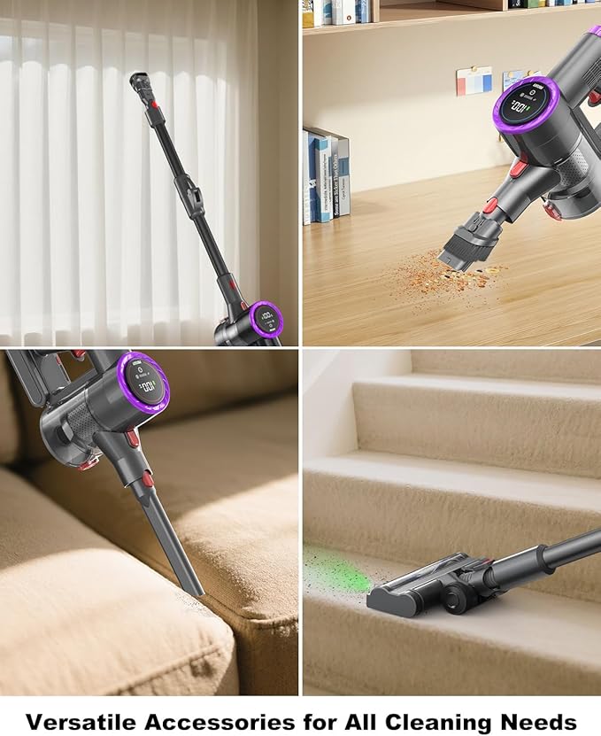 Cordless Vacuum Cleaner Bendable 6-in-1 Stick Vacuum — Lightweight with 45mins Runtime, LED Display & Headlight, Rechargeable for Carpet, Tile, Pet Hair & Hardwood Floors (Purple)