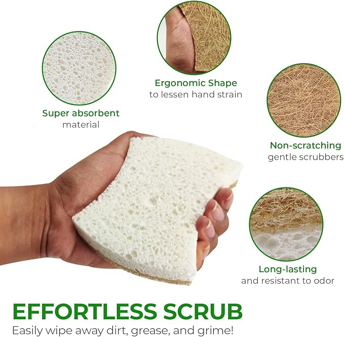 Biodegradable Natural Dish Sponges - Coconut and Cellulose - Eco Friendly Non-Scratch Heavy Duty Dish Scrubber - Pack of 12
