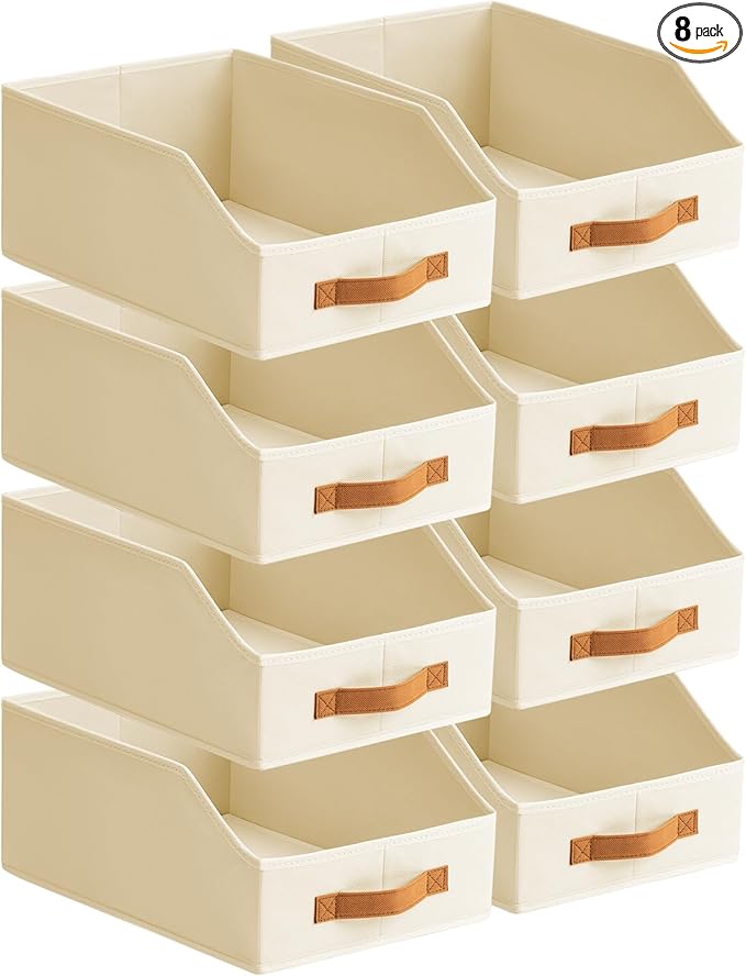 Fabric Storage Bins for Organizing - 8 Pack Large Trapezoid Collapsible Storage Bins with Front Handle, Closet Organizers and Storage for Bedroom, Home Shelves, Small Spaces, Beige