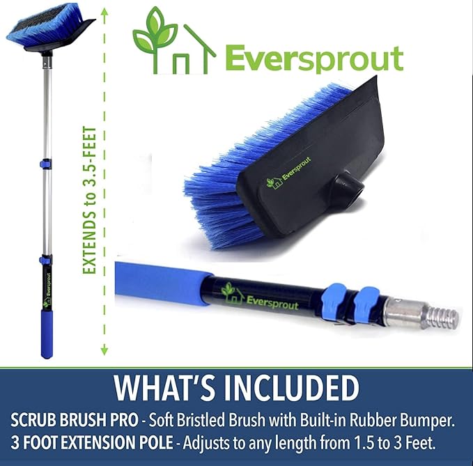 EVERSPROUT 1.5-to-3 Foot Scrub Brush | Built-in Rubber Bumper | Lightweight Extension Pole Handle | Soft Bristles wash Car, RV, Boat, Solar Panel, Deck | Shower Brush for Cleaning | Floor Brush