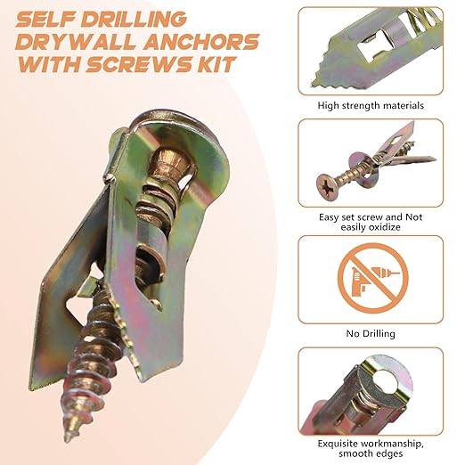 200P Self Drilling Drywall Anchors Screws Kit, 100 Anchors and 100 Screws for Heavy Duty, Upgraded Zinc Plated Steel,No Drill Needed,Perfect for TV, Bike, Shelf Straps, Cabinet & Fixing Curtains (200)