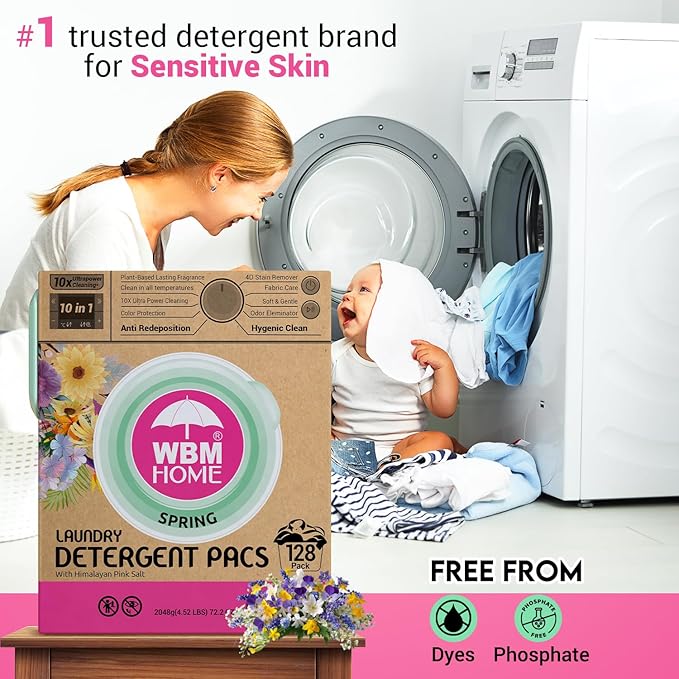 WBM Laundry Detergent Pods, Spring Fragrance Scent, 128 Count - HE Concentrated Laundry Pods With 10x Ultrapower Cleaning and 4D Laundry Stain Remover