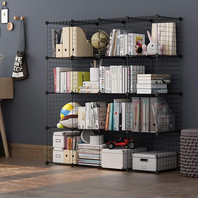 TUMUCUTE Wire Storage Cubes, Metal Storage Shelves Bookshelf, Stackable Modular Closet Organizer for Bedroom Living Room, Office, Black (16 Cubes, Iron)