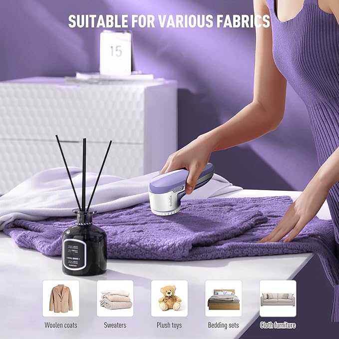 Ruidla Fabric Shaver Lint Shaver Defuzzer, Electric Lint Remover, Rechargeable Sweater Shaver with Replaceable Stainless Steel 3-Leaf Blades, Dual Protection, Removable Bin, (Micro-b Charging)