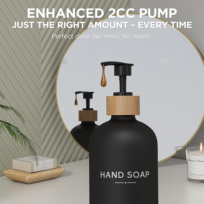 Hand and Dish Soap Dispenser Set,16oz Glass Bottles with Printed Labels, Bamboo Tray & Pump,Countertop Soap Dispensers for Kitchen,Luxury, Minimalist & Farmhouse Decor (Hand Dish (Black))
