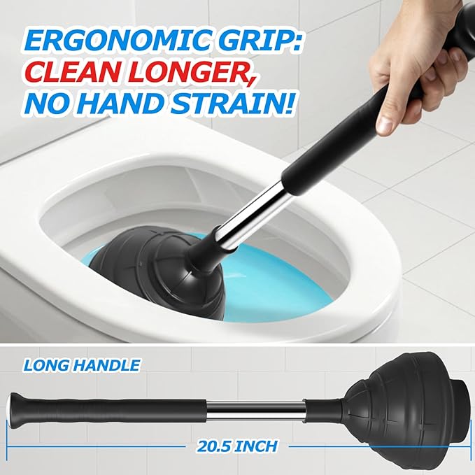 Heavy Duty Toilet Plunger - Powerful Clog Removal,Plungers for Bathroom,Bathroom Accessories,Cleaning Supplies,Home Essentials,Bathroom Decor,Toilet Bowl Cleaners,Black