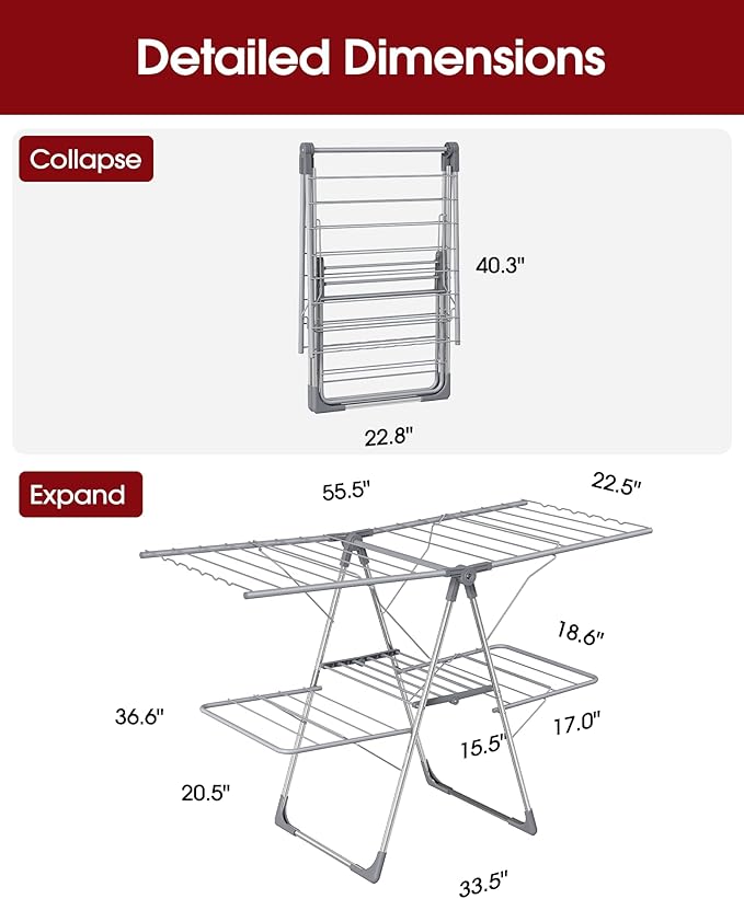 Clothes Drying Rack - Foldable Laundry Drying Rack for Clothing & Bedding, Easy-to-Assemble, Space-Saving Metal Airer with Non-Slip Feet, Indoor & Outdoor Use, 55.5"×22.8"×36.6", Gray