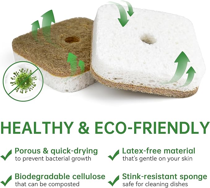 16 Pack Biodegradable Natural Kitchen Sponges, Compostable Cellulose & Coconut Square Scrubber, Dual Sided Dish Sponge for Washing Dishes, Eco Friendly
