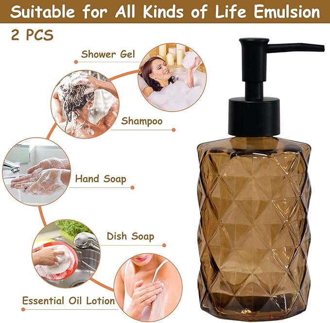 Brown Glass Soap Dispenser with Black Plastic Pump, 12oz Refillable Liquid Hand Soap Dispenser, 2 Pack Crystal Lotion Bottle for Modern Home Decor, Bathroom, Kitchen Countertop, Hotel