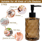 Brown Glass Soap Dispenser with Black Plastic Pump, 12oz Refillable Liquid Hand Soap Dispenser, 2 Pack Crystal Lotion Bottle for Modern Home Decor, Bathroom, Kitchen Countertop, Hotel