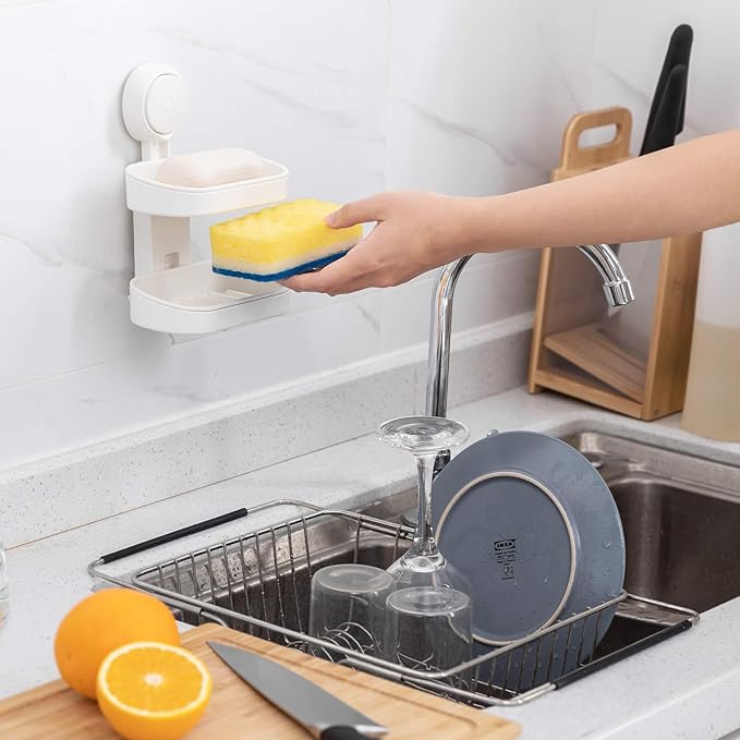 LEVERLOC Soap Dish Holder for Shower Double Layer Suction Cup Wall Mounted NO-Drilling Self Draining Removable Waterproof Strong Suction Bar Soap Sponge Holder for Shower Bathroom Bathtub Kitchen