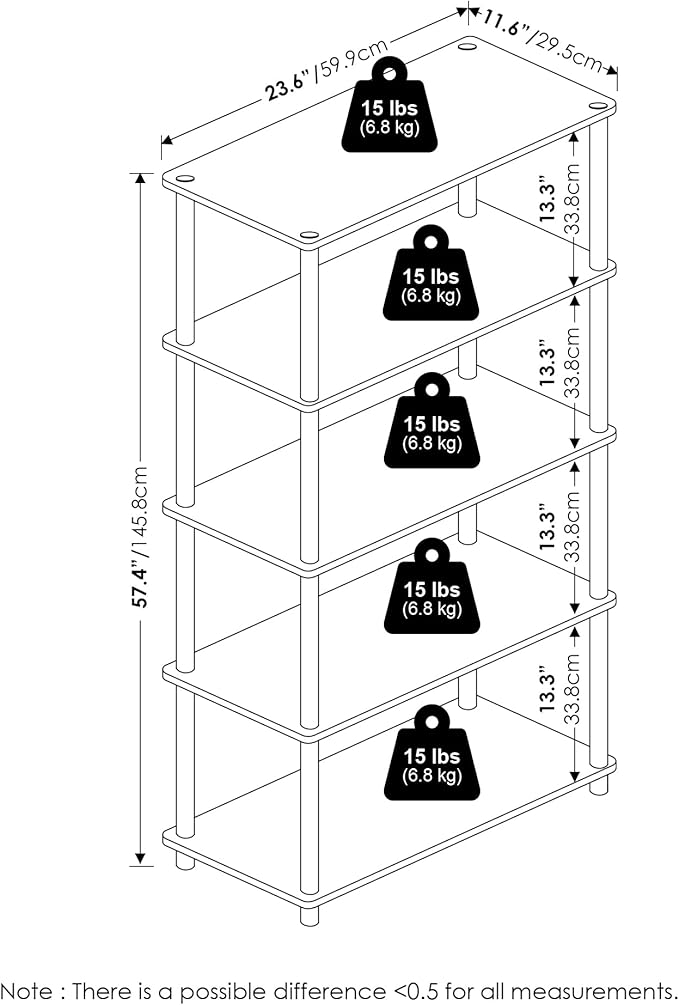 Furinno TURN-N-TUBE Storage Shelves, 5-Tier Book Shelf, Corner Shelf, Toolless Open Shelves, for Organization and Storage, Living Room, Garage, Home Office, Americano