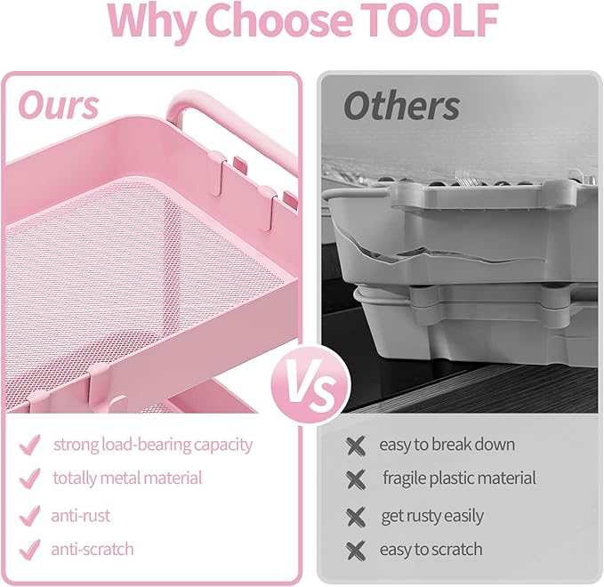 TOOLF 4-Tier Metal Rolling Cart with Wheels, Storage Utility Organizer Cart for Kitchen, Bathroom, Office, Baby Essentials & Makeup - Lockable Casters, Easy Assembly, 132 lbs Capacity, Pink