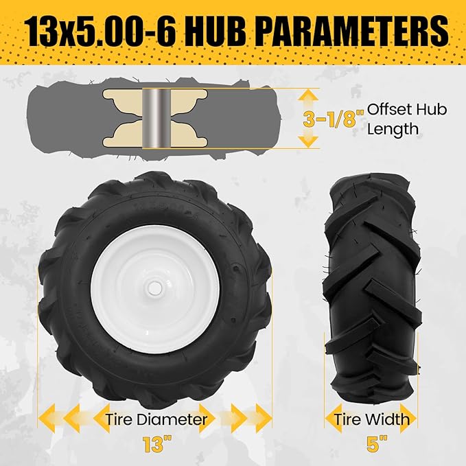 MZREXN 13x5.00-6" Tiller Tire and Wheel 2 Pack, 3/4" Axle Size, 3-1/8" Offset Hub, 4Ply Pneumatic, Compatible with Garden Trailer, Lug Tractor & Trencher, Tillers, and Lawn Mover Replacement Tire