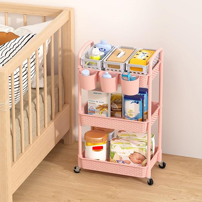 MOYIPIN 3-Tier Plastic Rolling Utility Cart with Handle,Utility Storage Cart for Office, Living Room, Kitchen,Movable Storage Organizer Shelves,Pink with 5 Hanging Cups