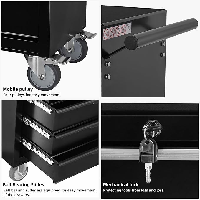 Tool Chest Cabinet, Large Capacity Metal Tool Box with Wheels and Cylinder Locking, Roll Around Storage Organizer Tool Cart for Garage, Redtool cabinets on Wheels (Black, 7-Drawer-Wheel)