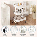 OLIXIS 3 Tier Utility Rolling Cart, Metal Mobile Storage Shelf with Lockable Caster Wheels, Organization for Livingroom, Bathroom, Kitchen, & Narrow Places, White