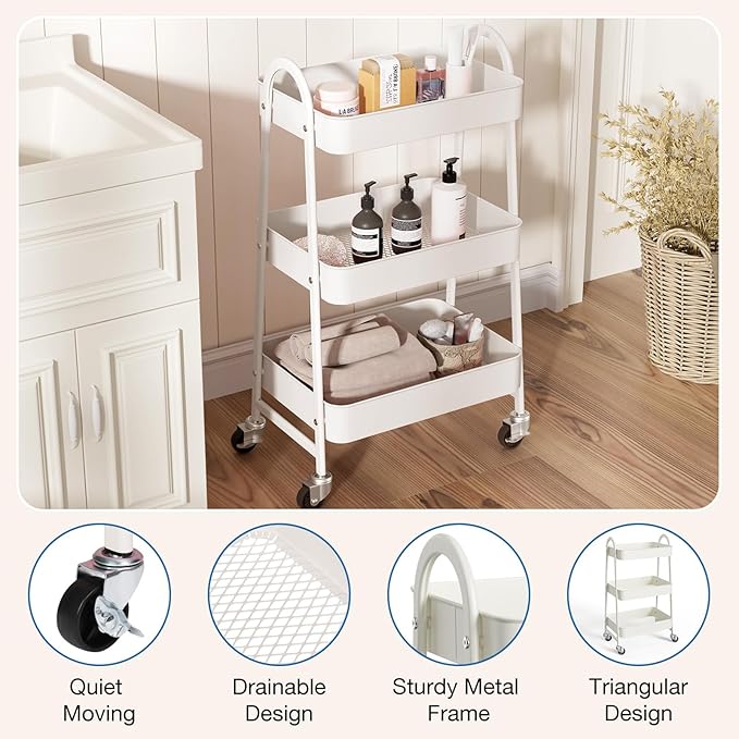 OLIXIS 3 Tier Utility Rolling Cart, Metal Mobile Storage Shelf with Lockable Caster Wheels, Organization for Livingroom, Bathroom, Kitchen, & Narrow Places, White