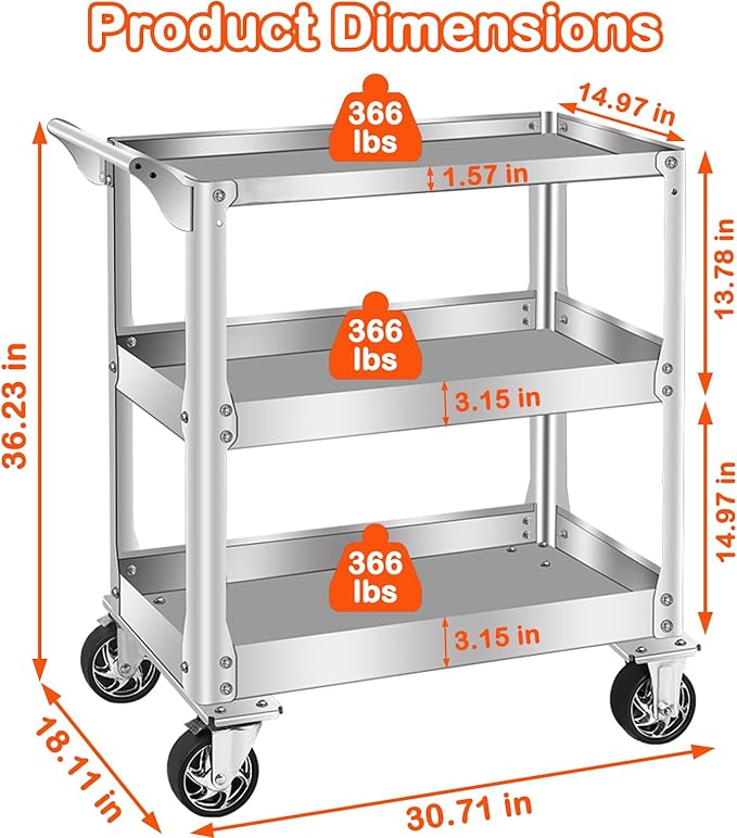DDJ Stainless Steel Utility Cart on Wheels, 3-Tier 1100 lbs Heavy Duty Tool Cart with Wheels, Commercial Rolling Service Cart for Garage Workshop Warehouse Mechanic Kitchen 18.1" D x 30.7" W x 36.2" H