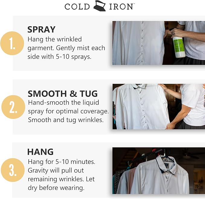 Cold Iron Wrinkle Release Spray 32 fl oz. Cranberry-Citrus. Plant Based Ironing Alternative. Fast, Easy to Use. Spray, Smooth, Hang. Award Winning Formula to Save You Time