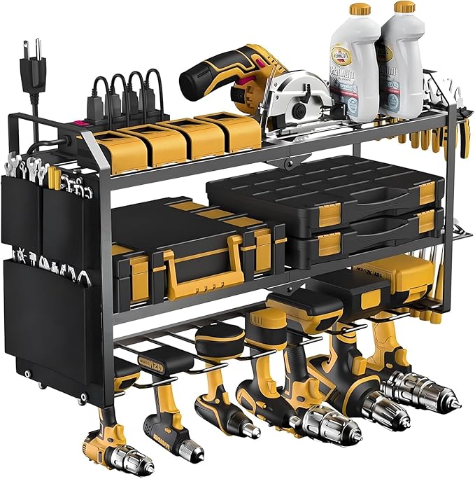 Power Tool Organizer with Charging Station: 7 Cordless Drills Holder Wall Mount Power Tool Shelf Storage Systems with 4 Outlet Power Strip, Electric Tool Storage Rack for Garage Organization/Workshop