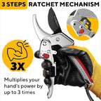 Ratchet Pruning Shears for Gardening Heavy Duty - Increases Cutting Power 3x - Perfect Ratchet Pruners for Weak Hands & Arthritis - 8” Anvil Garden Clippers - Sharp Blade for Effortless Cutting - Red