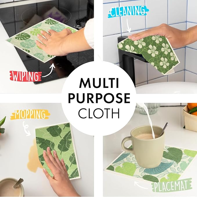 6 - Pack Swedish Kitchen Dish Cloths - Reusable Paper Towels for Counters & Dishes - Eco Friendly Cellulose Sponge Cloth - Assorted (Botany)