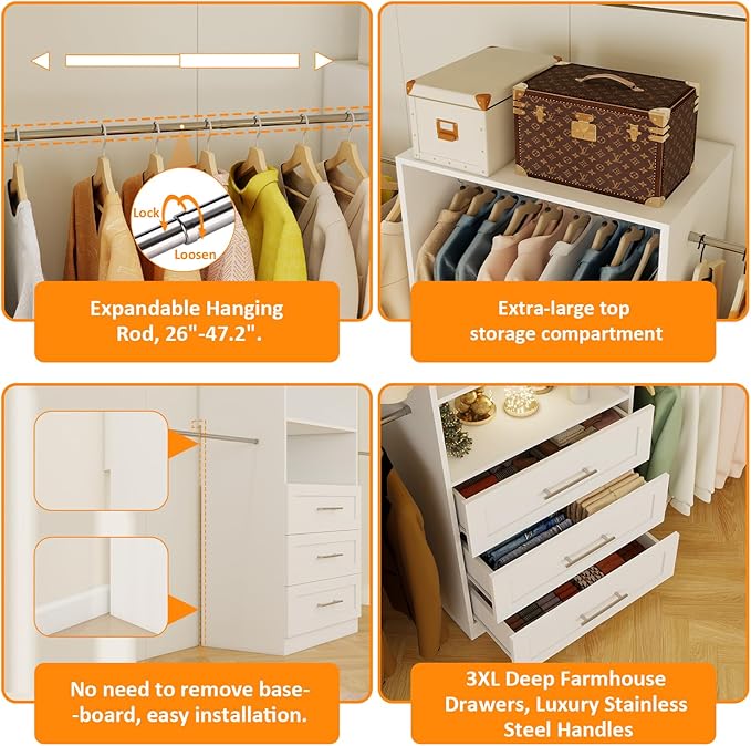 Closet System, 4FT-8FT-9FT Closet Organizer With Drawers Wooden, Walk in Closet System with 5pcs Hanging Rods and Shelves Storage, Closet Built in System Wardrobe Organizer, White