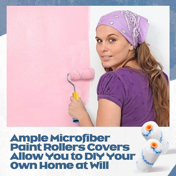 Leumoi 300 Pcs 4 Inch Mini Paint Roller Cover 1/2" Nap Small Microfiber Roller Covers Home Repair Tools House Household Supplies Kit(Blue, White)