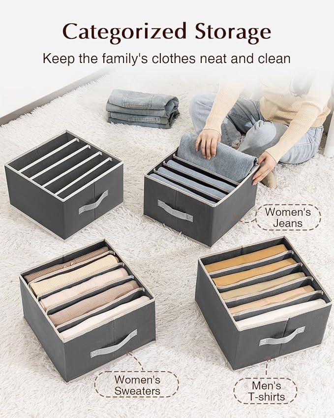 Clothes Organizers and Storage - Fabric Jeans Organizer with Handles, Foldable Drawer Dividers for Clothes, Closet Shelf Organizer for Shirts, Bra, Sweater, Scarf, 4 Pack, Dark Grey