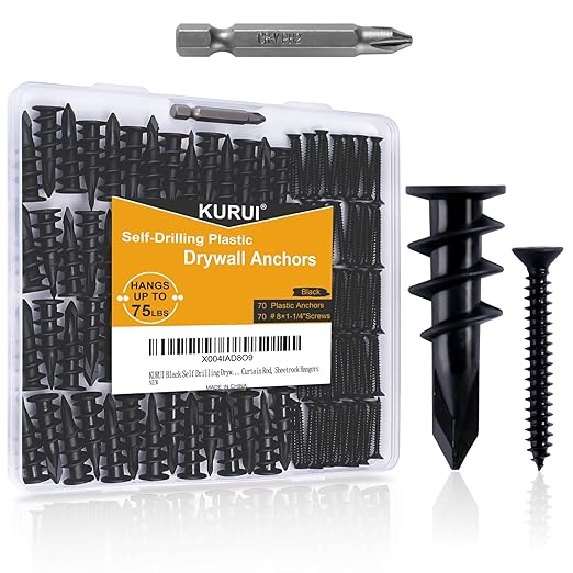 KURUI Black Self Drilling Drywall Anchors, 140PCs #8 Dry Wall Anchors and Flat Head Screws Kit, 70 Anchors + 70 Screws, 75LB Heavy Duty Hanging for Picture Frames Wall Decor Art, Sheetrock Hangers