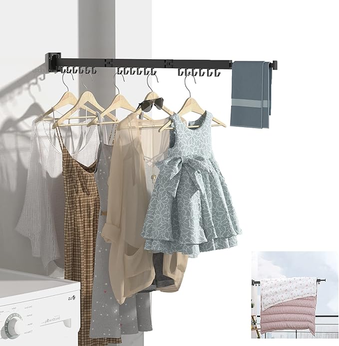 PLKO Retractable Clothes Drying Rack,Wall Mounted Clothes Hangers， Space Saver Laundry Drying Rack for Balcony,Laundry,Bathroom,Patio and Bedroom (3-Pole Black)