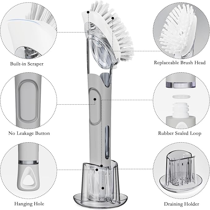 Soap Dispensing Replacement Dish Brush Storage Set with 2 PCS Brush Refills & Holder - RIMAY Dispenser Scrub Cleaning Scrubber Kitchen Dishwashing Dish Wand Handle for Dishes/Pans/Pots/Sink(Grey)
