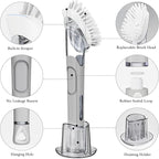 Soap Dispensing Replacement Dish Brush Storage Set with 2 PCS Brush Refills & Holder - RIMAY Dispenser Scrub Cleaning Scrubber Kitchen Dishwashing Dish Wand Handle for Dishes/Pans/Pots/Sink(Grey)
