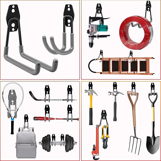 3-H Garage Wall Hooks 10 Pack, Heavy Duty Garage Hooks with Extra Welding Spots, Wall Mount Storage Organizer for Hanging Garden Lawn Tools, Chair, Shovel, Blower, Toolkit (Grey)