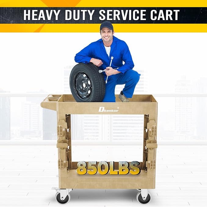 Utility Cart with Max 850Lbs Capacity, 34" x 17" Heavy Duty Rolling Utility Cart, 2 Side Hooks, 360° Swivel Wheels (2 with Brakes), 2 Tier Service Cart for Warehouse/Garage/Garden - Wood Color