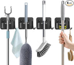 Broom Holder Wall Mount with Screws (4 Pack) Broom and Mop Organizer Wall Hanging, Anti-Slip Mop Holder Broom Hanger with Hooks, Stainless Steel Tool Rack for Garden Garage Organization