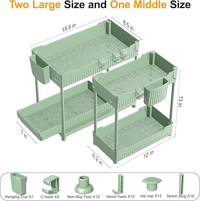 3 Pack Under Sink Organizers, 2-Tier Multi-Use Kitchen and Bathroom Organizers and Storage with Sliding Drawers，Bathroom Cabinet Organizer (Green, 12.8 Inch)