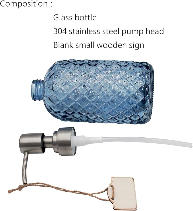 16 Oz Soap Dispenser with 304 Rustproof Stainless Steel Pump, Kitchen, Bathroom Soap Dispenser， Refillable Liquid Glass Soap Dispenser for Hand Soap, Soap, Lotion. (Blue-2pack)