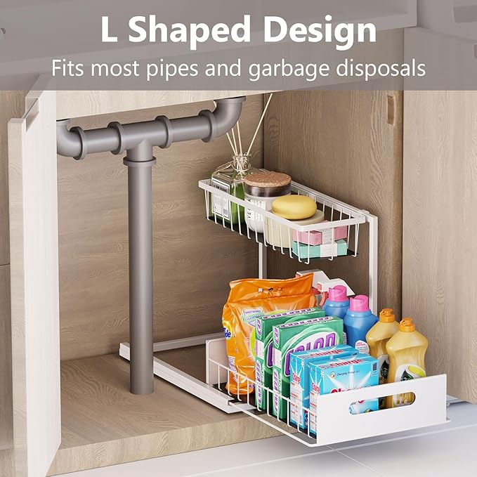 Under Sink Organizers and Storage 2 Tier Slide Out Kitchen Cabinet Organizer Sturdy Metal Bathroom Storage (White, 1 Pack)