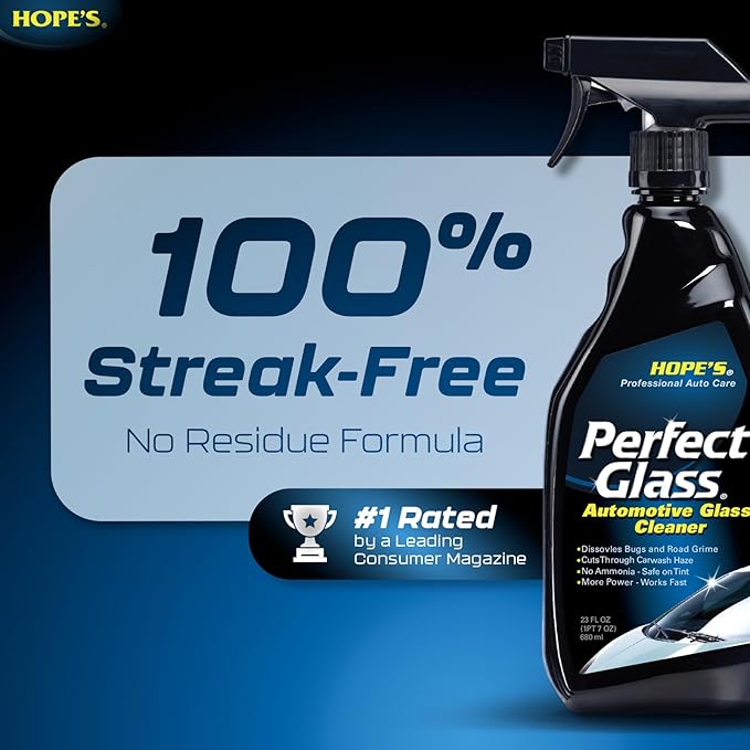 HOPE'S Perfect Glass Automotive Glass Cleaner - Streak-Free, Tint Safe Car Cleaner for Glass, Acrylic, Windows, Mirrors, Windshield - No-Residue - Removes Smudges, Road Grime - 23 Fl Oz, Pack of 1