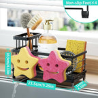 HapiRm Sink Caddy Sponge Holder - Self-draining Kitchen Sink Organizer with Smiley Face and Brush Holder, Stainless Steel Kitchen Sponge Caddy for Countertop - Black