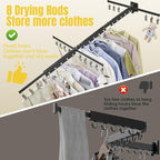 BESy Tri-Fold Foldable Clothes Drying Rack Retractable Hanging Collapsible Dryer Hanger Racks for Laundry Balcony Bathroom Space Saver Outdoor Indoor 20 Clips Aluminum Alloy Wall Mounted Matte Black