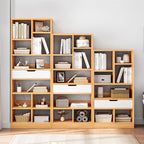 IOTXY Wooden Open Shelf Bookcase - 51" Height Freestanding Display Storage Cabinet Organizer with 7 Cubes and a Drawer, Floor Standing Bookshelf, Yellow