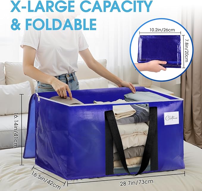 BlissTotes 8 Pack Moving Bags with Clear Window, Storage Bags with Strong Carrying Handles & Zippers,Large Packing Bags for Saving Space, Alternative to Moving Boxes(Blue,33 Gallon)