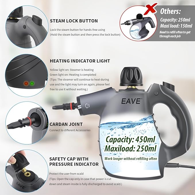 Handheld Steam Cleaner, Portable Steamer for Cleaning, with Steam Lock Button for Hands-free Steaming, 12 in 1 Set Pressurized Hand Held Car Steamer for Furniture, Upholstery, Tile Grout, Home Use